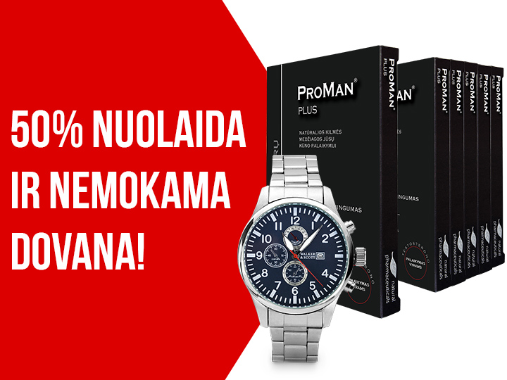 Natural Pharmaceuticals ProMan Plus Juodos spalvos pakuotėje esantis maisto papildų rinkinys „ProMan Plus“ šalia sidabrinio vyriškojo laikrodžio su tamsiai mėlynu ciferblatu, pagaminto „Walker & Scott“. Kairėje pusėje didžiosiomis raudonomis raidėmis parašyta: „50 % nuolaida ir nemokama dovana!“.