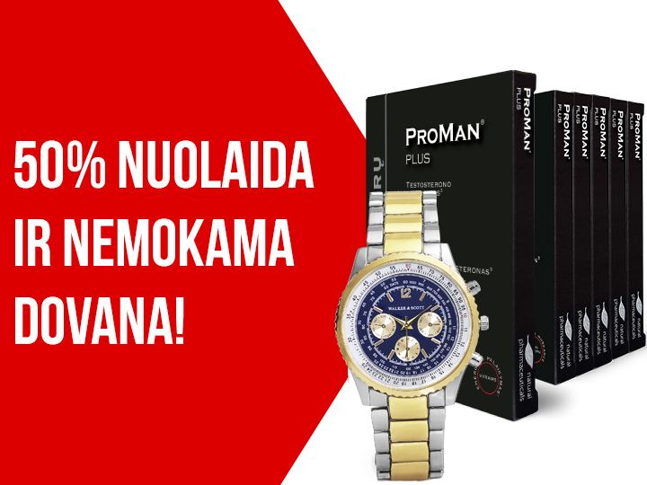 Natural Pharmaceuticals ProMan Plus Juodos spalvos pakuotėje esantis maisto papildų rinkinys „ProMan Plus“ šalia sidabrinio vyriškojo laikrodžio su tamsiai mėlynu ciferblatu, pagaminto „Walker & Scott“. Kairėje pusėje didžiosiomis raudonomis raidėmis parašyta: „50 % nuolaida ir nemokama dovana!“.