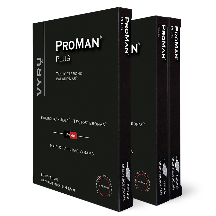Natural Pharmaceuticals ProMan Plus Trys juodos spalvos dėžutės su maisto papildu „ProMan Plus“. Dėžutės priekyje yra šie užrašai: „Testosterono palaikymas“, „Energija, jėga, testosteronas“, „Maisto papildas vyrams“. Kiekvienoje dėžutėje yra 60 kapsulių, kurių bendras svoris – 43,5 g.