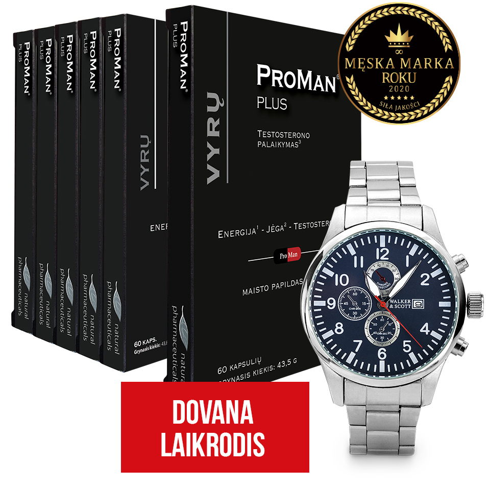 Natural Pharmaceuticals ProMan Plus ProMan Plus maisto papildų rinkinys (60 kapsulių pakuotės, palaikančios testosterono lygį), šalia sidabrinis Walker & Scott vyriškas laikrodis. Viršuje matomas kokybės ženklas „2020 metų vyriškų prekių ženklas“. Apačioje yra raudonas laukas su užrašu „Dovana laikrodis“.