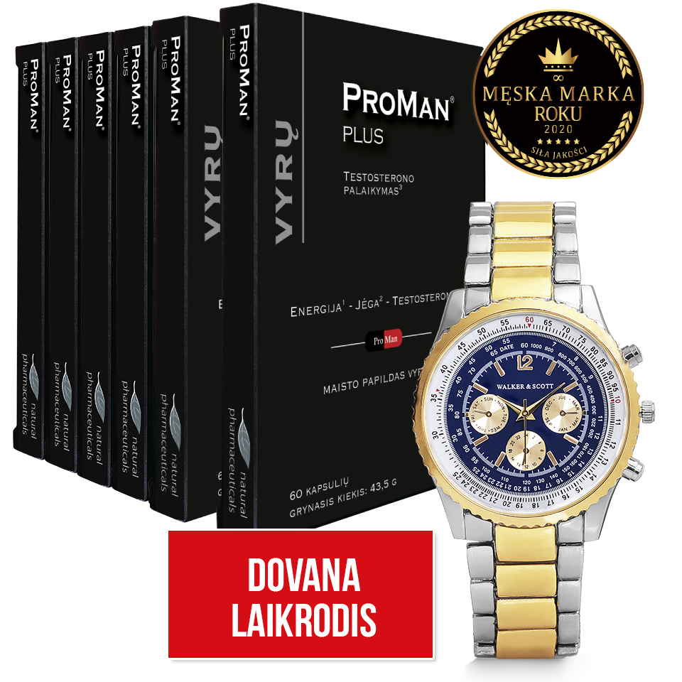 Natural Pharmaceuticals ProMan Plus ProMan Plus maisto papildų rinkinys (60 kapsulių pakuotės, palaikančios testosterono lygį), šalia sidabrinis Walker & Scott vyriškas laikrodis. Viršuje matomas kokybės ženklas „2020 metų vyriškų prekių ženklas“. Apačioje yra raudonas laukas su užrašu „Dovana laikrodis“.
