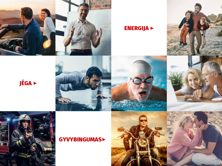 Natural Pharmaceuticals ProMan Plus Nuotraukų mozaika, vaizduojanti aktyvius vyrus – vairuojančius automobilį, dirbančius biure, šeimą paplūdimyje, darantį atsispaudimus, plaukiančius, pagyvenusią porą prie nešiojamojo kompiuterio, ugniagesį, motociklininką ir porą paplūdimyje. Balto fono tarp nuotraukų užrašai: „ENERGY“, „JĖGA“, „GYVYBINGUMAS“.